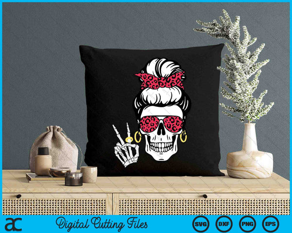 Boho Skeleton Peace Sign Messy Bun Bandana Halloween Apparel SVG PNG Digital Cutting Files