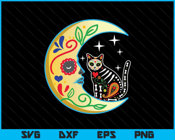 Cat & Moon Sugar Skull Dia De Los Muertos Day Of The Dead SVG PNG Digital Cutting Files
