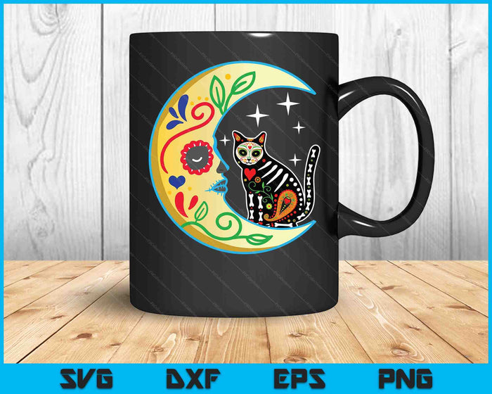 Cat & Moon Sugar Skull Dia De Los Muertos Day Of The Dead SVG PNG Digital Cutting Files