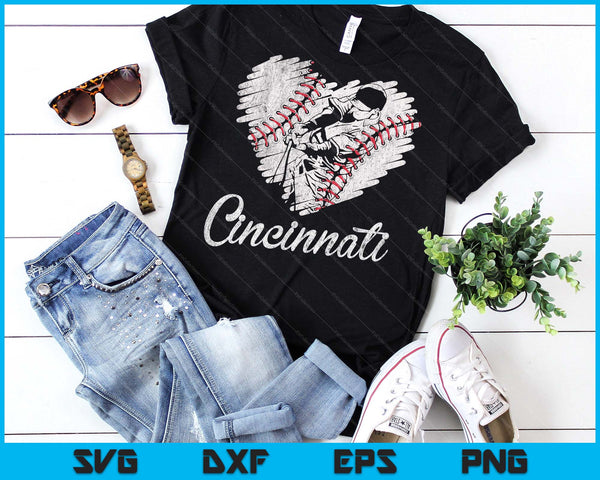 Cincinnati Baseball Heart Distressed Vintage Baseball Fans SVG PNG Digital Printable Files