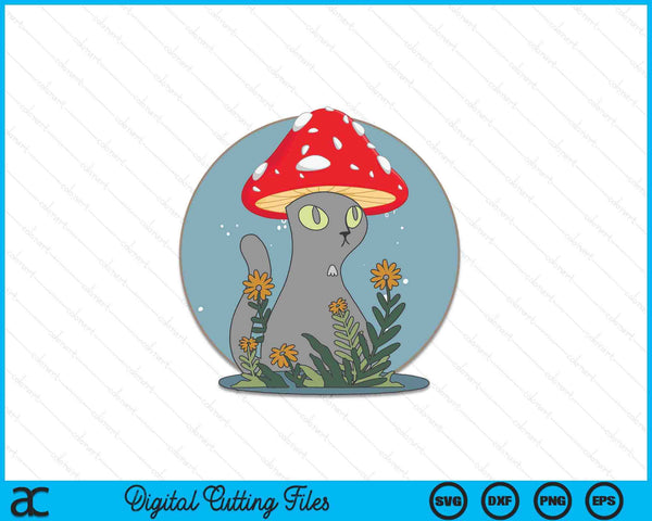Cottagecore Aesthetic Cat with Mushroom Hat SVG PNG Cutting Printable Files