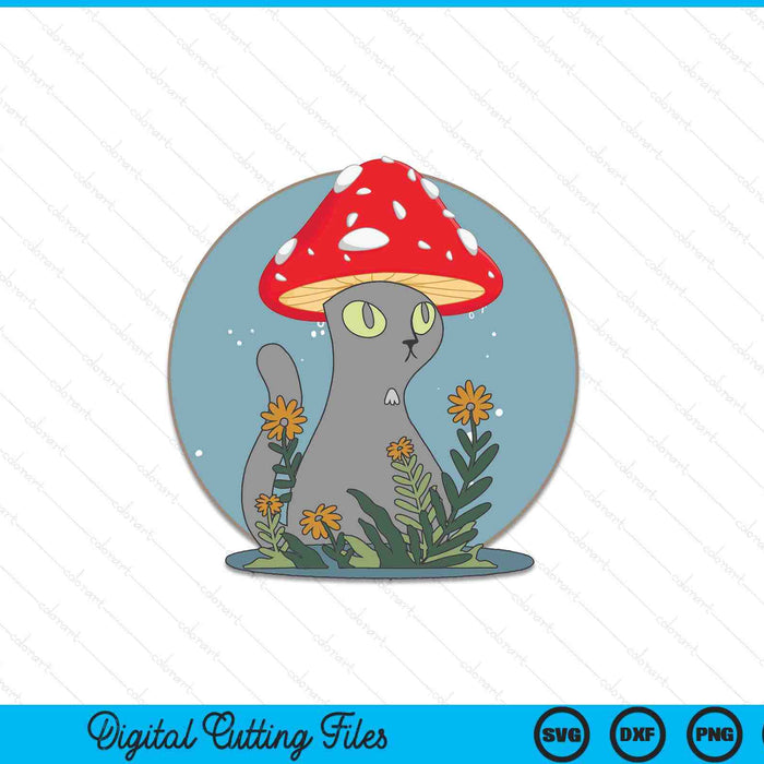 Cottagecore Aesthetic Cat with Mushroom Hat SVG PNG Cutting Printable Files