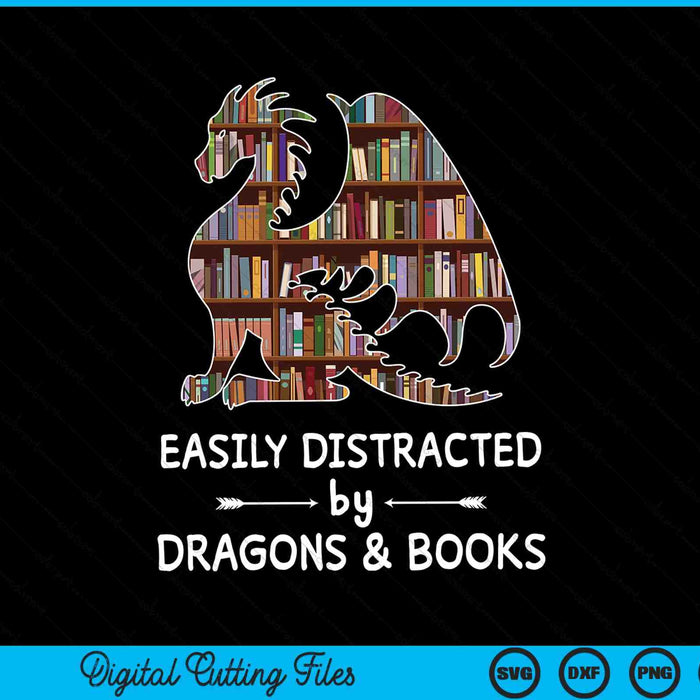 Se distrae fácilmente con dragones y libros SVG PNG cortando archivos imprimibles Se distrae fácilmente con dragones y libros SVG PNG cortando archivos imprimibles