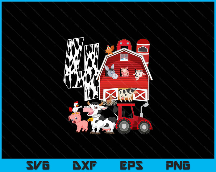 Farm Barnyard Theme Pig Cow Horse 4th Birthday 4 Yrs Old SVG PNG Digital Printable Files Farm Barnyard Theme Pig Cow Horse 4th Birthday 4 Yrs Old SVG PNG Digital Printable Files