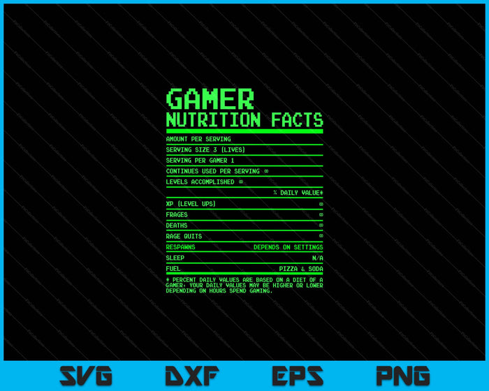 Gamer Nutrition Facts Gifts for Teen Boys Video Games SVG PNG Digital Cutting Files