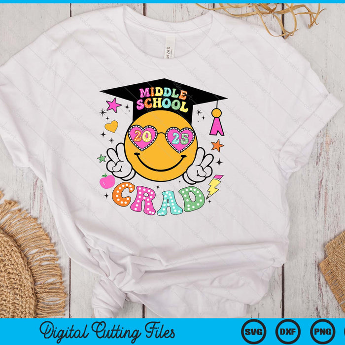 Groovy Middle school Graduate Happy Face Graduation 2025 Grad SVG PNG Digital Cutting Files Groovy Middle school Graduate Happy Face Graduation 2025 Grad SVG PNG Digital Cutting Files