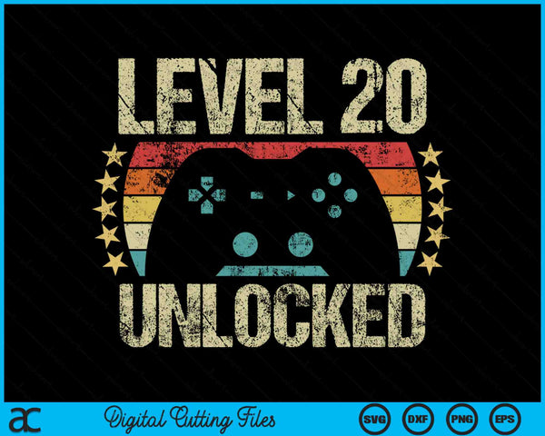Level 20 Unlocked Gaming Vintage 20th Birthday SVG PNG Digital Cutting Files