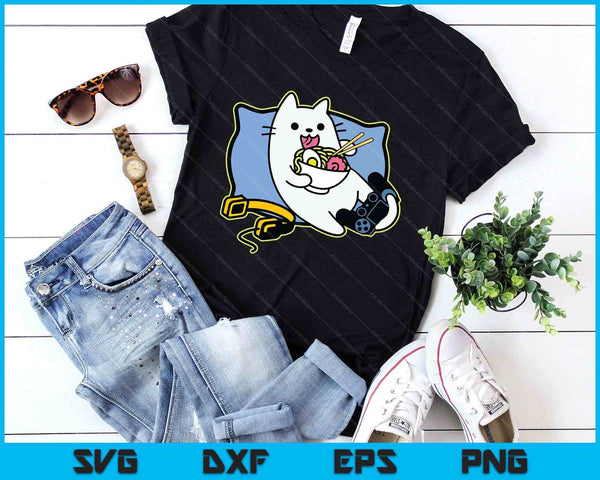 Nerdy Ramen Eating Gamer Cat Game Paused SVG PNG Digital Printable Files