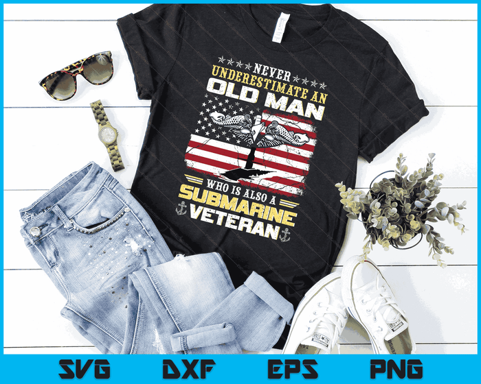 Onderschat nooit een oude man onderzeeërs veteraan patriottische SVG PNG digitale snijbestanden Onderschat nooit een oude man onderzeeërs veteraan patriottische SVG PNG digitale snijbestanden