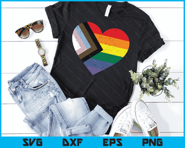 Progress Pride Flag Rainbow Heart Vintage Retro Love LGBTQ SVG PNG Digital Cutting Files