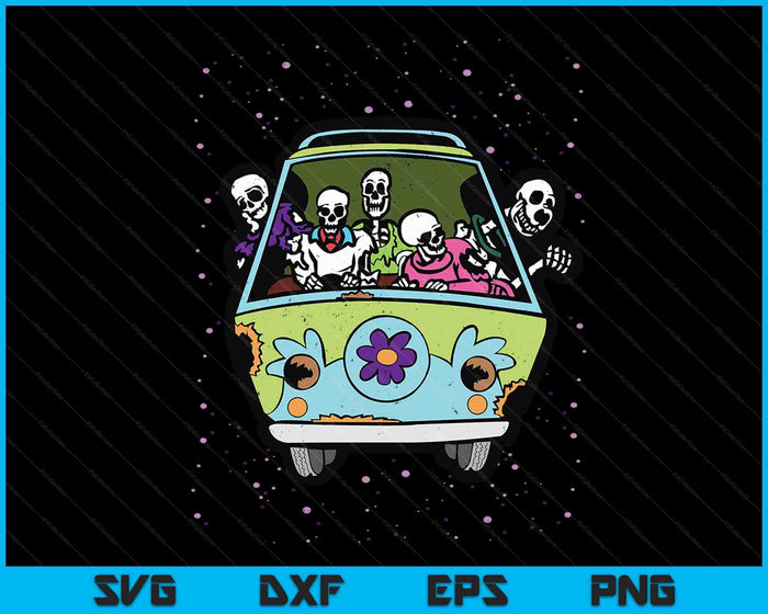 Esqueleto montando hippie Van Halloween traje huesos SVG PNG archivos de corte digital Esqueleto montando hippie Van Halloween traje huesos SVG PNG archivos de corte digital