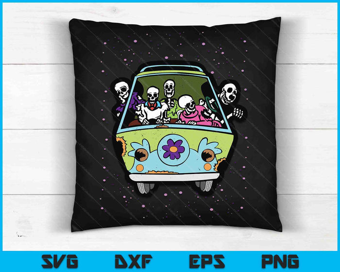 Esqueleto montando hippie Van Halloween traje huesos SVG PNG archivos de corte digital Esqueleto montando hippie Van Halloween traje huesos SVG PNG archivos de corte digital