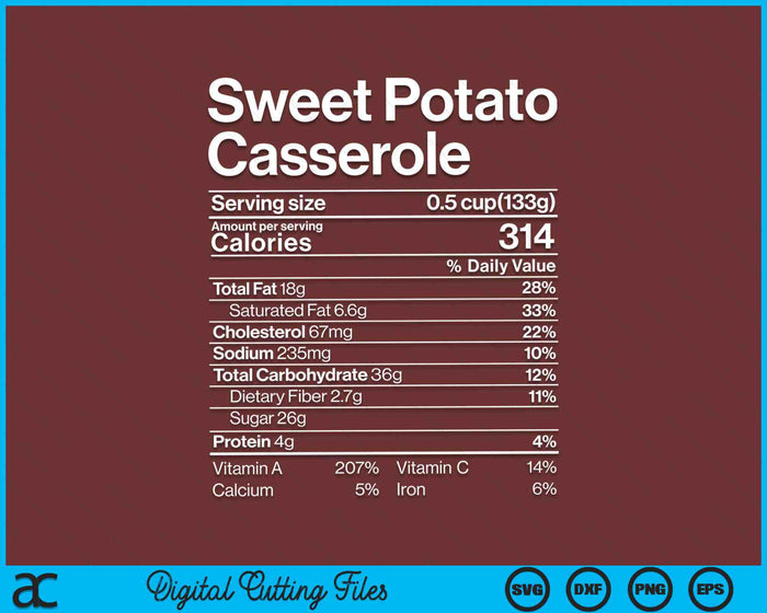 Sweet Potato Casserole Nutrition Facts Thanksgiving SVG PNG Digital Cutting Files