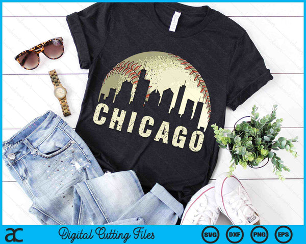 Vintage Chicago Cityscape Baseball Lover SVG PNG Cutting Printable Files