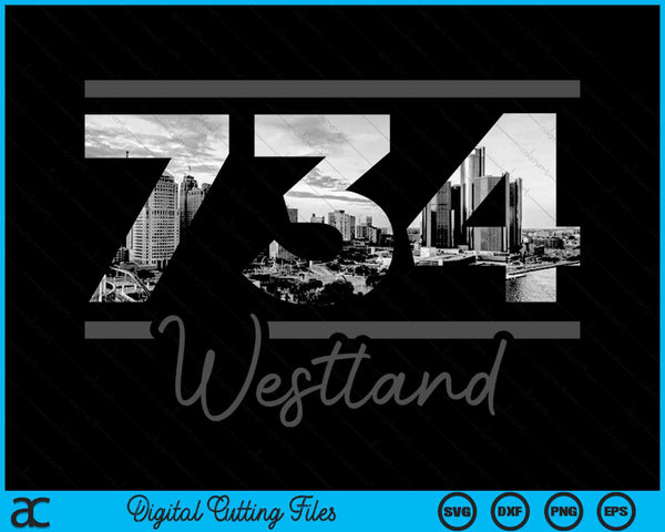 Westland 734 Area Code Skyline Michigan Vintage SVG PNG Digital Cutting Files