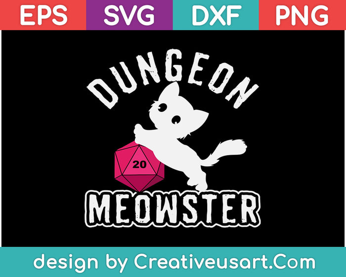 Dungeon Meowster Divertido Nerdy Gamer Cat D20 RPG Svg Cortar archivos imprimibles Dungeon Meowster Divertido Nerdy Gamer Cat D20 RPG Svg Cortar archivos imprimibles