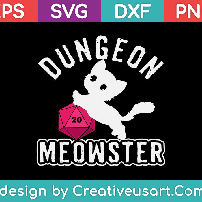 Dungeon Meowster Divertido Nerdy Gamer Cat D20 RPG Svg Cortar archivos imprimibles Dungeon Meowster Divertido Nerdy Gamer Cat D20 RPG Svg Cortar archivos imprimibles