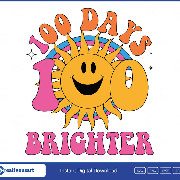 100 Days Brighter SVG, a smiling sun as the 0 in 100 with a pink and blue rainbow