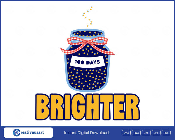 100 Days Brighter firefly jar SVG, open mason jar glowing with 100 fireflies, a red gingham bow and a 100 Days label