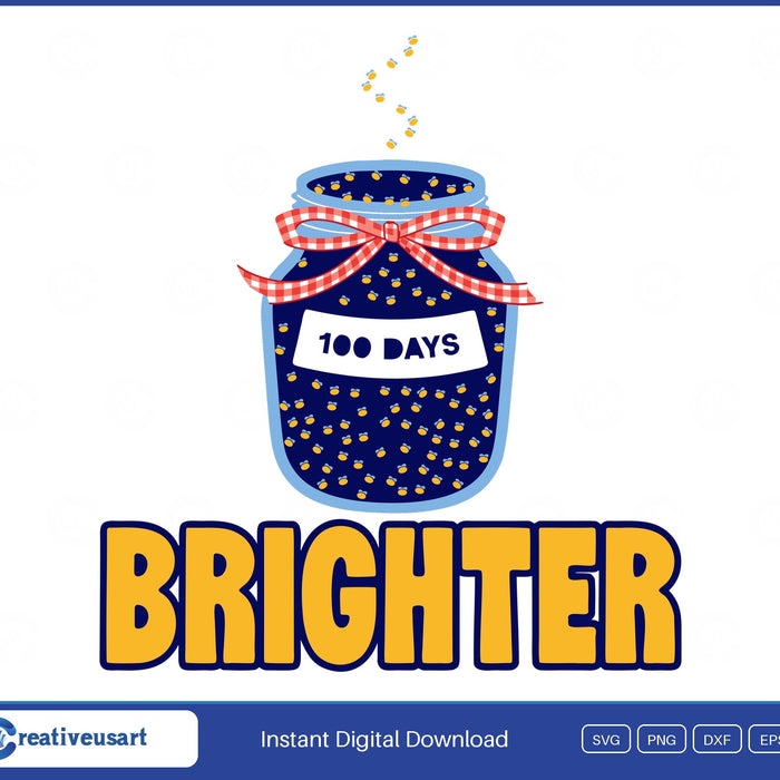 100 Days Brighter firefly jar SVG, open mason jar glowing with 100 fireflies, a red gingham bow and a 100 Days label