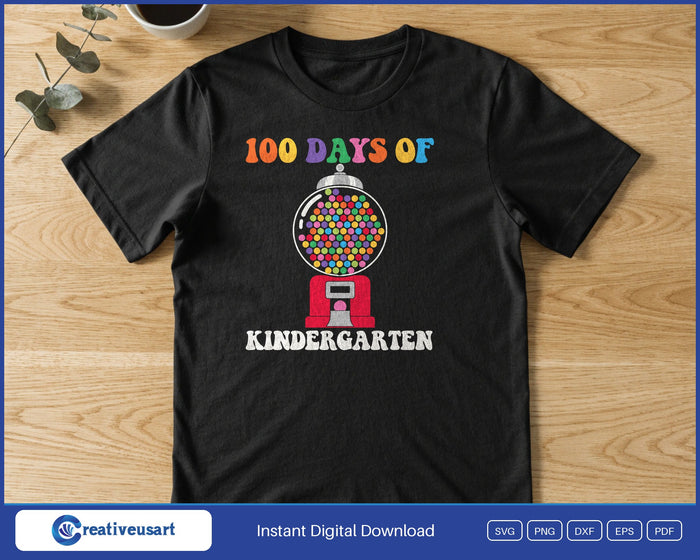 100 Days Of Kindergarten gumball machine design printed on a black t-shirt