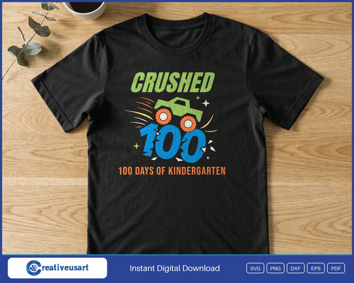 100 Days Of Kindergarten Truck SVG printed on a black t-shirt