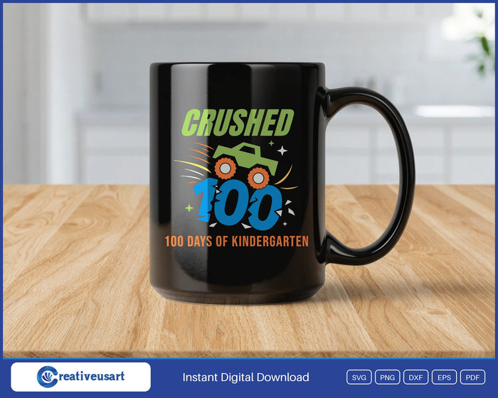 100 Days Of Kindergarten Truck SVG design on a black coffee mug