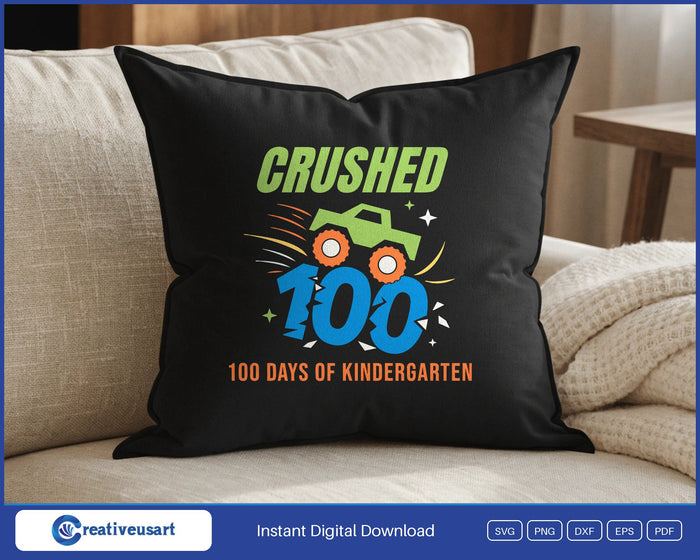100 Days Of Kindergarten Truck SVG design on a black throw pillow