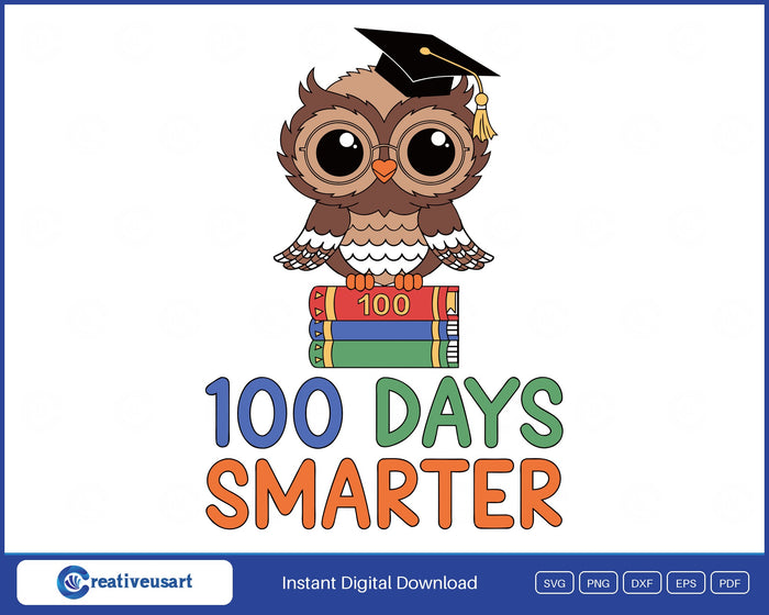100 Days Smarter Baby Owl SVG, fluffy baby owl with big shiny eyes, glasses and a tiny graduation cap on a stack of storybooks