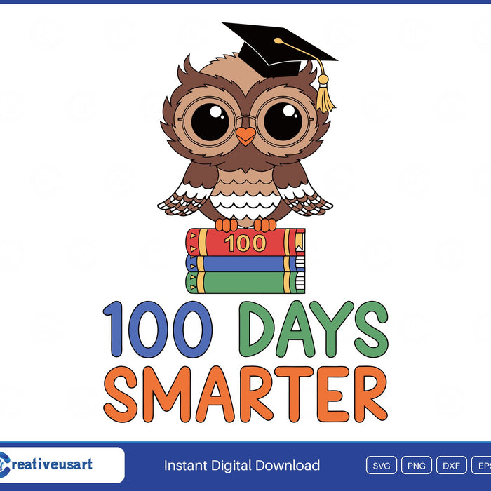 100 Days Smarter Baby Owl SVG, fluffy baby owl with big shiny eyes, glasses and a tiny graduation cap on a stack of storybooks