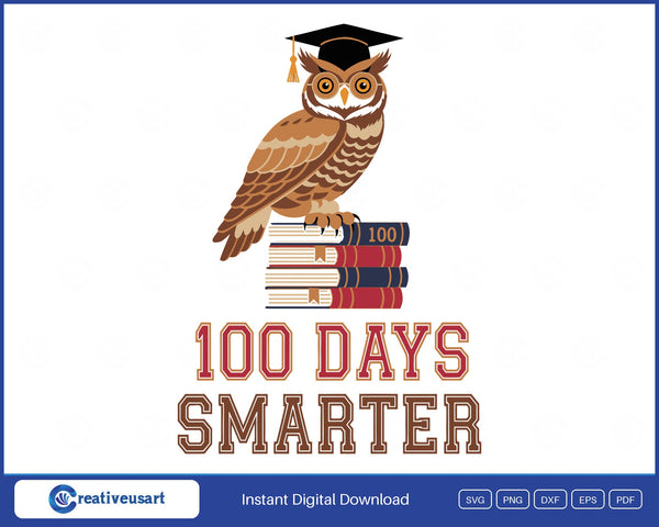 100 Days Smarter Owl SVG, realistic great horned owl in glasses and a graduation cap perched on a stack of books