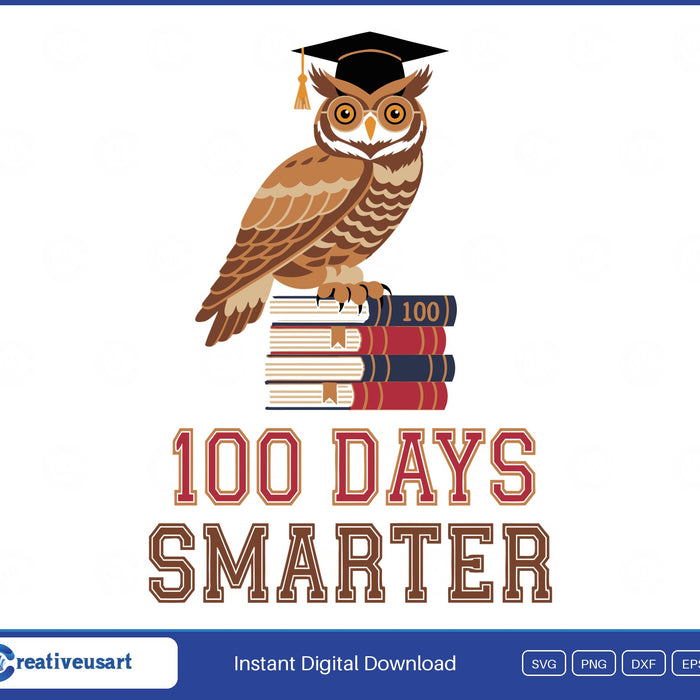 100 Days Smarter Owl SVG, realistic great horned owl in glasses and a graduation cap perched on a stack of books