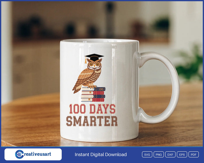 100 Days Smarter Owl graduation books design on a white coffee mug