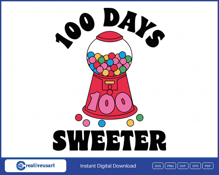 100 Days Sweeter SVG, a red gumball machine full of rainbow gumballs with 100 on its base