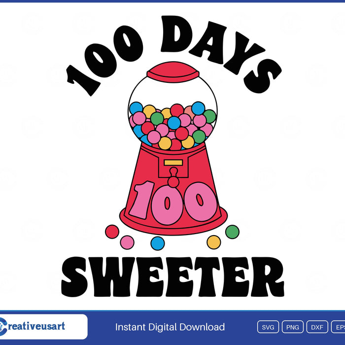100 Days Sweeter SVG, a red gumball machine full of rainbow gumballs with 100 on its base