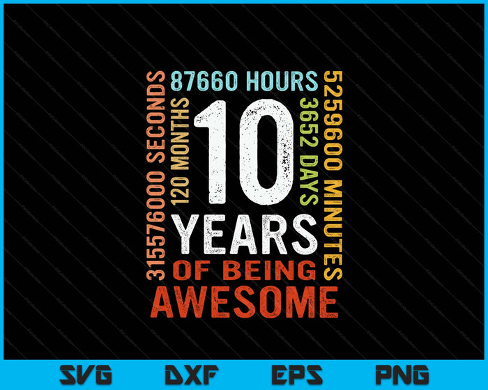 10 Years Old 10th Birthday Gift Vintage Retro 120 Months SVG PNG Digital Printable Files