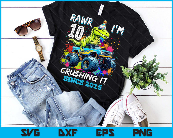 10th Birthday Monster Truck Dinosaur Party Boys Rawr I'm 10 SVG PNG Digital Printable Files