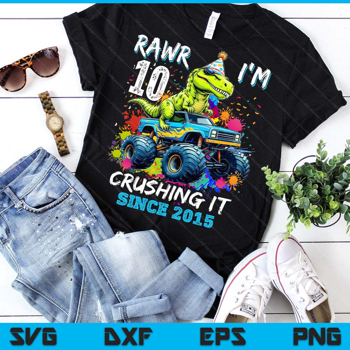 10th Birthday Monster Truck Dinosaur Party Boys Rawr I'm 10 SVG PNG Digital Printable Files