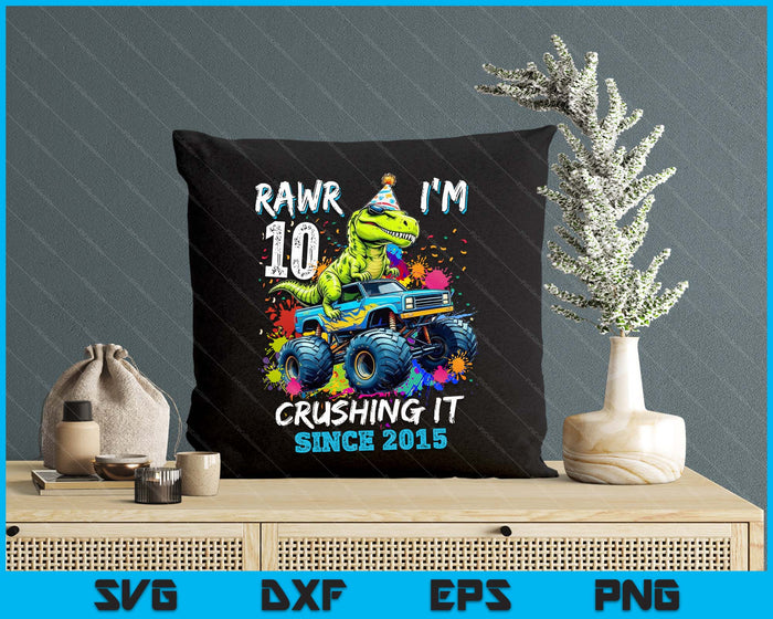 10th Birthday Monster Truck Dinosaur Party Boys Rawr I'm 10 SVG PNG Digital Printable Files