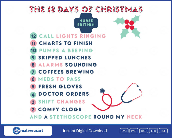 The 12 Days Of Christmas Nurse Edition SVG design on a white background