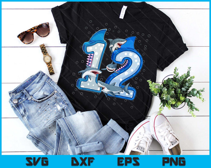 12th Birthday Boys Shark 12 years Old Ocean Shark B-day SVG PNG Digital Printable Files