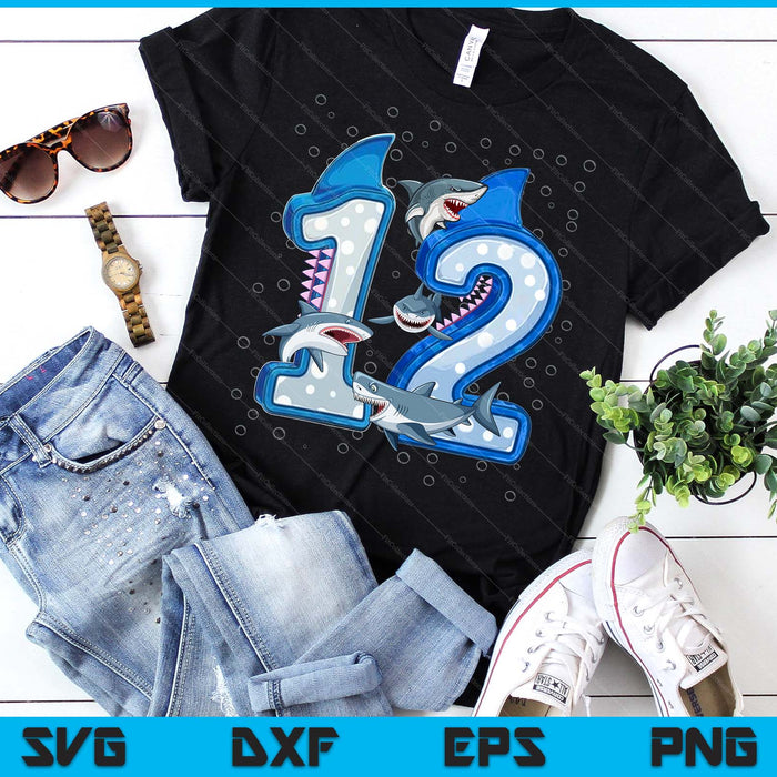 12th Birthday Boys Shark 12 years Old Ocean Shark B-day SVG PNG Digital Printable Files