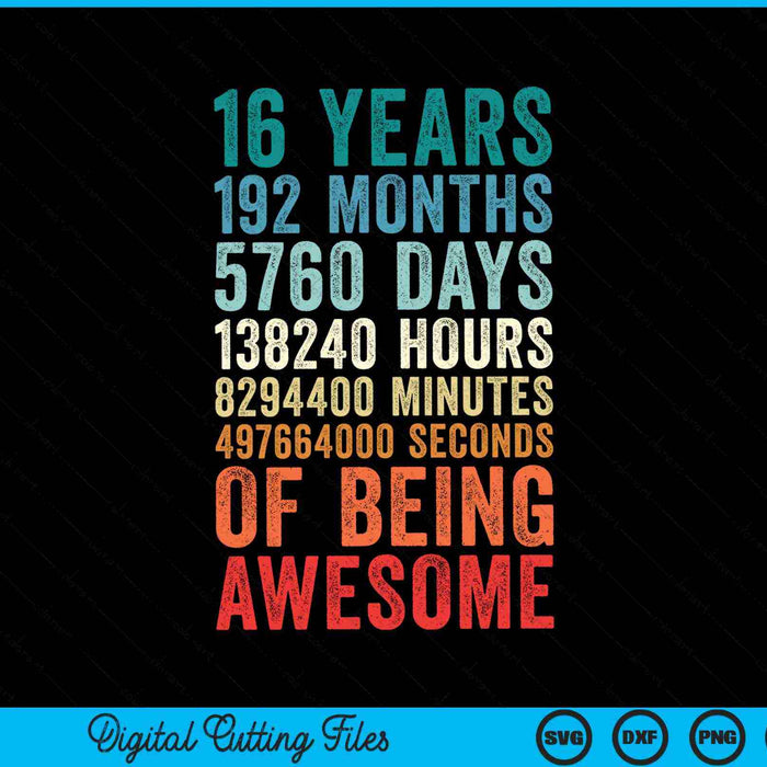 16 years 192 months of being awesome 16th birthday SVG PNG cut file for Cricut