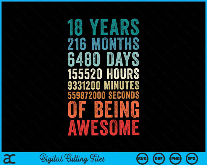 18 Years 216 Months Of Being Awesome 18th Birthday SVG PNG Digital Cutting Files