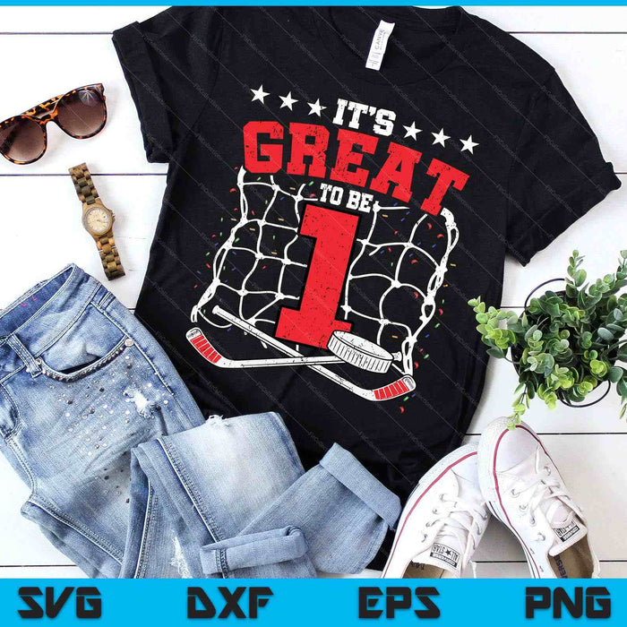 A red number 1 in front of a hockey goal net with crossed sticks below the words It's Great To Be, on a black t-shirt