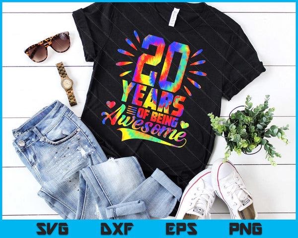 20th Birthday Gift Idea Tie-Dye 20 Year Of Being Awesome SVG PNG Digital Cutting Files