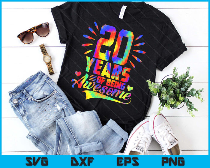 20e verjaardag cadeau idee Tie-Dye 20 jaar geweldig zijn SVG PNG digitale snijbestanden