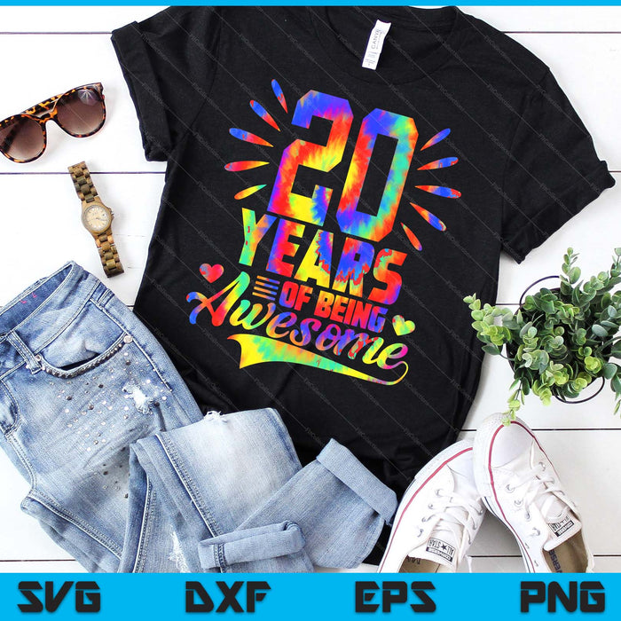 20th Birthday Gift Idea Tie-Dye 20 Year Of Being Awesome SVG PNG Digital Cutting Files