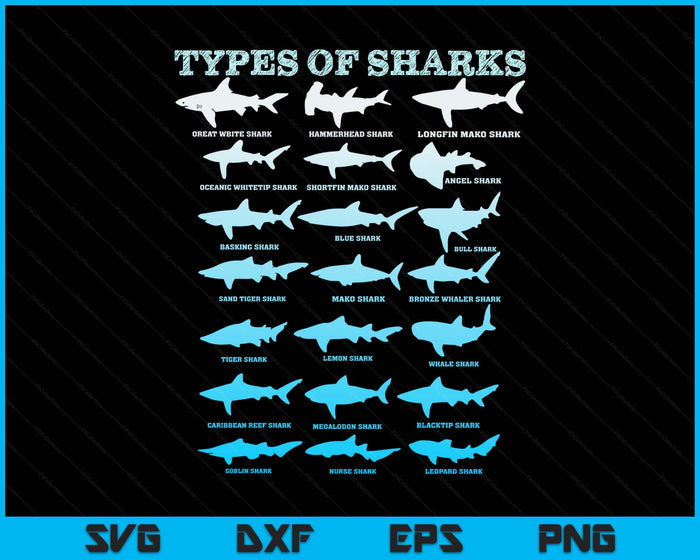 21 Shark Types Marine Biology Men Women Teens Boys Girl SVG PNG Digital Printable Files
