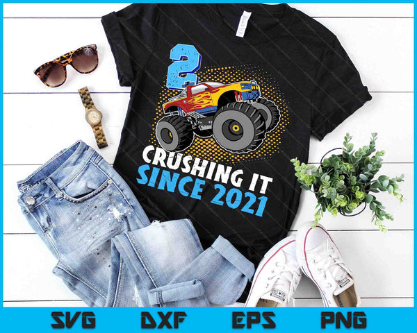 2 Crushing It Since 2021 Monster Truck 2nd Birthday Boys SVG PNG Digital Cutting Files